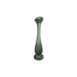 Green Swung Glass Footed Bud Vase 7.5" MCM Ruffled Top Vintage